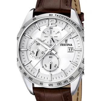 Festina, Ceas cronograf cu o curea de piele, Argintiu, Maro inchis
