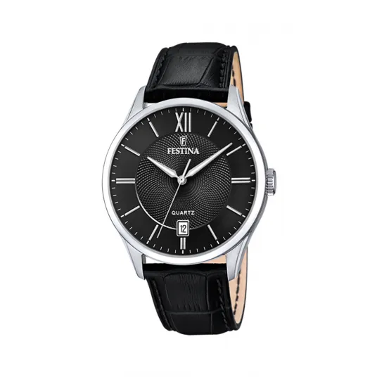 Festina, Ceas rotund, cu o curea de piele, Argintiu/Negru