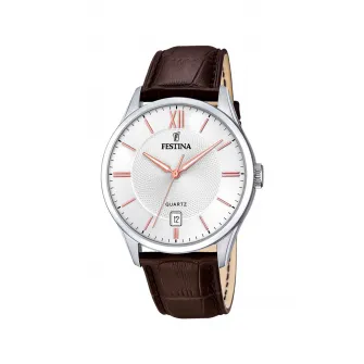 Festina, Ceas rotund cu o curea de piele, Maro coniac/Argintiu/Auriu rose