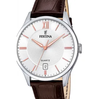 Festina, Ceas rotund cu o curea de piele, Maro coniac/Argintiu/Auriu rose