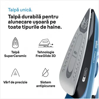 Fier de calcat FreeStyle 3 FI3194BK, 2400W, jet de abur 200g/min, abur variabil 0-45 g/min, talpa SuperCeramic, rezervor 270 ml, tehnologie FreeGlide, oprire automata, sistem antipicurare, albastru