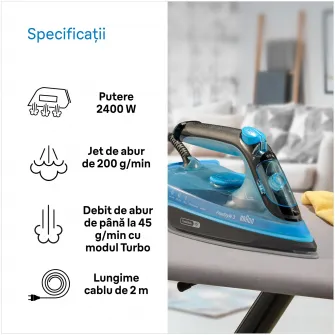 Fier de calcat FreeStyle 3 FI3194BK, 2400W, jet de abur 200g/min, abur variabil 0-45 g/min, talpa SuperCeramic, rezervor 270 ml, tehnologie FreeGlide, oprire automata, sistem antipicurare, albastru
