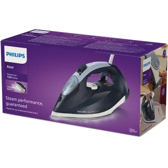 Fier de calcat Philips Azur DST7030/20, 2800W, debit de abur continuu de 50g/min si jet de abur de 250 g, talpa SteamGlide Plus, rezervor de 300ml si sistem de curatare automata cu rezervor integrat pentru calcar, oprire automata de siguranta, albastru