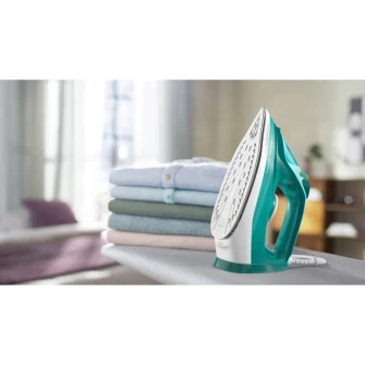 Fier de calcat Philips Seria 3000, putere 2400W, jet continuu de abur 40g/min, culoare turcoaz, rezervor de apa 300ml, talpa ceramica, oprire automata.