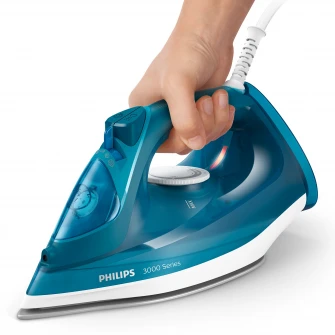 Fier de calcat Philips Seria 3000, putere 2600W, jet continuu de abur 40g/min, culoare albastru deschis, rezervor de apa 300ml, talpa ceramica, oprire automata.
