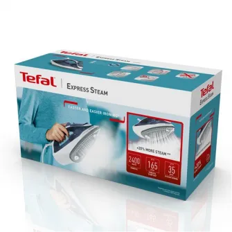 Fier de calcat Tefal Express Steam FV2837E0, 2400W, jet de abur 165 g/min, abur variabil 0-35 g/min, 270 ml, talpa Cerilium, alb/ albastru