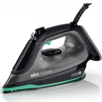 Fier de calcat TexStyle 5 SI5277GR, 2700W, jet de abur 220g/min, abur variabil 0-50 g/min, talpa SuperCeramic, rezervor 300 ml, tehnologie FreeGlide, oprire automata, sistem antipicurare, negru/verde