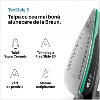Fier de calcat TexStyle 5 SI5277GR, 2700W, jet de abur 220g/min, abur variabil 0-50 g/min, talpa SuperCeramic, rezervor 300 ml, tehnologie FreeGlide, oprire automata, sistem antipicurare, negru/verde