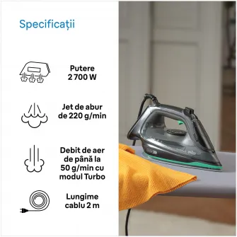 Fier de calcat TexStyle 5 SI5277GR, 2700W, jet de abur 220g/min, abur variabil 0-50 g/min, talpa SuperCeramic, rezervor 300 ml, tehnologie FreeGlide, oprire automata, sistem antipicurare, negru/verde