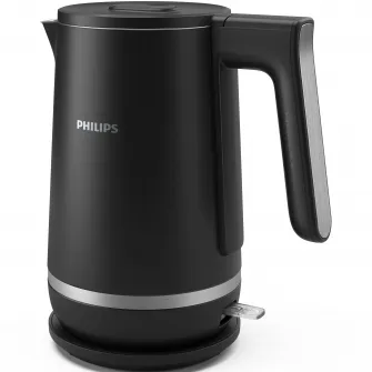Fierbator cu perete dublu Philips HD9395/90 seria 5000, Capacitate de 1,7 l, Otel inoxidabil, Baza la 360 de grade, Capac cu eliberare cu arc, Protectie impotriva incalzirii in gol, Indicator de ceasca, Negru