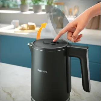 Fierbator cu perete dublu Philips HD9395/90 seria 5000, Capacitate de 1,7 l, Otel inoxidabil, Baza la 360 de grade, Capac cu eliberare cu arc, Protectie impotriva incalzirii in gol, Indicator de ceasca, Negru
