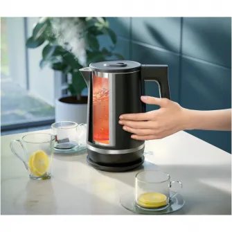 Fierbator cu perete dublu Philips HD9395/90 seria 5000, Capacitate de 1,7 l, Otel inoxidabil, Baza la 360 de grade, Capac cu eliberare cu arc, Protectie impotriva incalzirii in gol, Indicator de ceasca, Negru