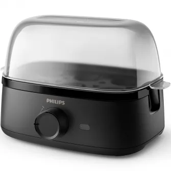 Fierbator Oua Philips HD9137/90, 400 W, 6 oua, Lumina „pornit”, Semnal „pregatit”, Pahar gradat, Accesoriu de strapuns oua, Accesoriu tava pentru oua posate, negru