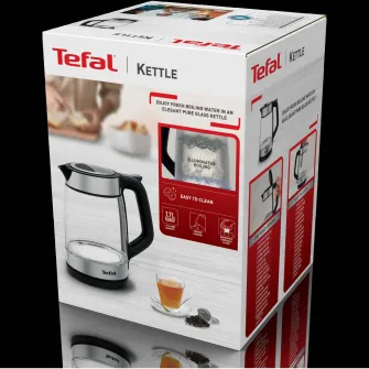 Fierbator Tefal Glass KI605830, 2200W, capacitate 1.7L, gradat, indicator luminos, depozitare cablu, baza rotativa 360°, filtru calcar detasabil, argintiu & negru