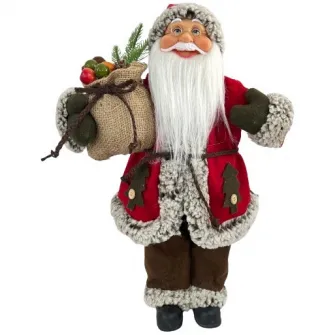 Figurina Mos Craciun Kring, 45 cm, cu sac de cadouri si felinar, Alb/Gri