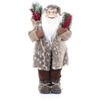 Figurina Mos Craciun Kring, 46 cm, cu vesta blanita si sac de cadouri, Maro