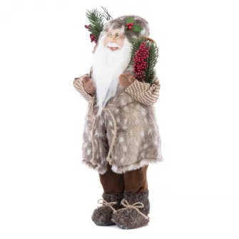 Figurina Mos Craciun Kring, 46 cm, cu vesta blanita si sac de cadouri, Maro