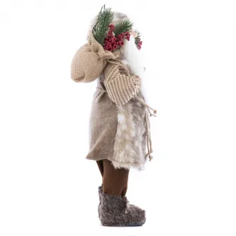 Figurina Mos Craciun Kring, 46 cm, cu vesta blanita si sac de cadouri, Maro