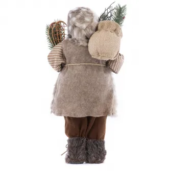Figurina Mos Craciun Kring, 46 cm, cu vesta blanita si sac de cadouri, Maro