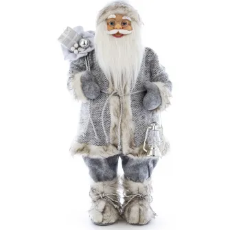 Figurina Mos Craciun Kring, 60 cm, cu sac de cadouri si felinar, Argintiu
