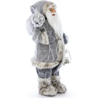 Figurina Mos Craciun Kring, 60 cm, cu sac de cadouri si felinar, Argintiu