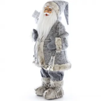Figurina Mos Craciun Kring, 60 cm, cu sac de cadouri si felinar, Argintiu