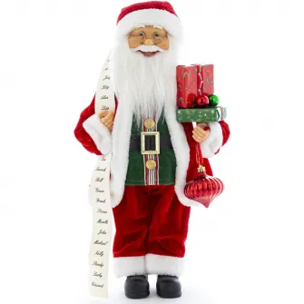 Figurina Mos Craciun Kring, cu schiuri si sac de cadouri, 45 cm, Rosu/Verde