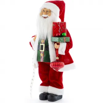 Figurina Mos Craciun Kring, cu schiuri si sac de cadouri, 45 cm, Rosu/Verde