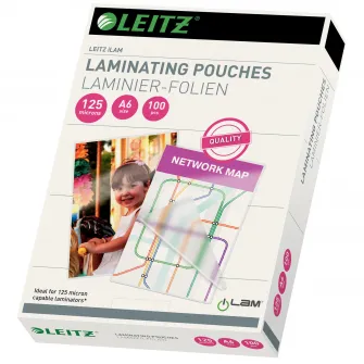Folie laminare Leitz, la cald, 111X154 mm, pentru fotografii si documente tip A6, 125 mic, 100 buc/set