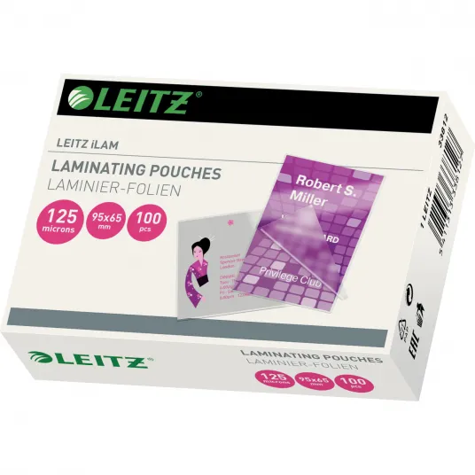 Folie laminare Leitz, la cald, 65x95 mm, pentru carti de vizita, carti de joc si ecusoane, 125 mic, 100 buc/set