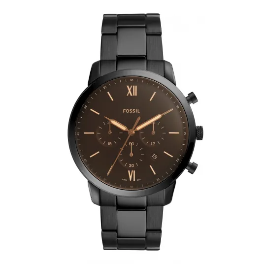 Fossil, Ceas cronograf cu bratara din otel inoxidabil, Negru