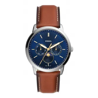 Fossil, Ceas quartz cu o curea din piele, Argintiu, Maro coniac
