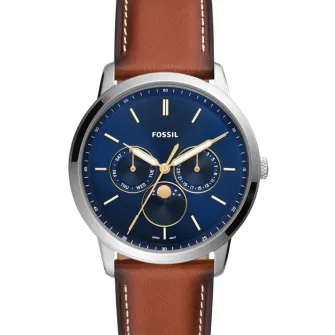Fossil, Ceas quartz cu o curea din piele, Argintiu, Maro coniac