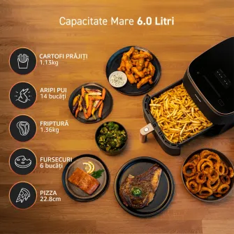 Friteuza cu aer cald, Cosori Turbo Blaze, fara ulei, ecran digital, 1700 W, capacitate de 6 L, 9 functii presetate cu 5 trepte de ventilare, Negru
