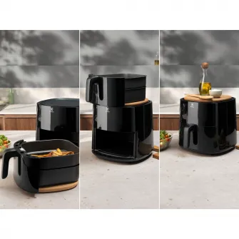 Friteuza cu aer cald Electrolux 700 XXL EAF7B, 1800 W, capacitate 6.8L, 2,3 kg cartofi prajiti, display digital, 3 moduri gatire, 5 programe automate, timer 99 min, avertizare acustica pentru amestecare ingrediente, negru