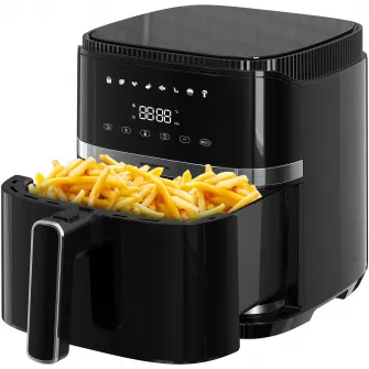 Friteuza cu aer cald Heinner Varietyfry Airfryer HAF-B5BK1500, 1500w, capacitate: 5l, display digital cu control touch, timer 60 min, temperatura 80-200 grade, 8 programe presetate, suport teflonat detasabil, oprire automata, negru