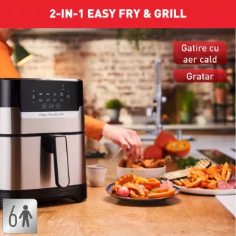 Friteuza cu aer cald Tefal Easy FryGrill 2in1 EY505D15, 1400W, 4.2L, temperatura ajustabila, 8 programe, functie grill cu gratar incorporat, functie pentru deshidratare, tehnologie Extra Crisp, vas detasabil, Negru/argintiu