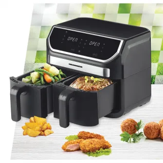 Friteuza dubla cu aer cald Heinner Double Master HAF-KDB1700BK, 8.5L, 1700W, doua cosuri detasabile antiaderente, tehnologie de circulare rapida a aerului, display digital cu control Touch, 11 programe presetate, 80-200 grade, timer 60 min, negru