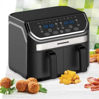 Friteuza dubla cu aer cald Heinner Double Master HAF-KDB1700BK, 8.5L, 1700W, doua cosuri detasabile antiaderente, tehnologie de circulare rapida a aerului, display digital cu control Touch, 11 programe presetate, 80-200 grade, timer 60 min, negru