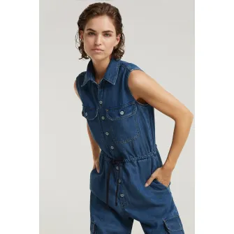 G-Star RAW, Salopeta din lyocell cu talie ajustabila si buzunare cu clapa, Albastru inchis, M
