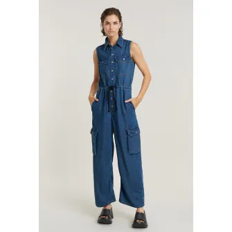 G-Star RAW, Salopeta din lyocell cu talie ajustabila si buzunare cu clapa, Albastru inchis, XS