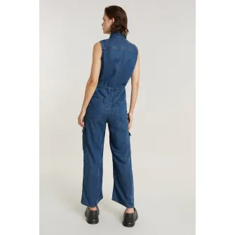 G-Star RAW, Salopeta din lyocell cu talie ajustabila si buzunare cu clapa, Albastru inchis, M