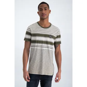Garcia, Tricou in dungi cu aplicatie logo, Gri deschis/Alb/Verde oliv, S