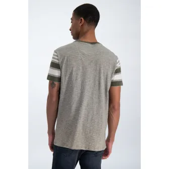 Garcia, Tricou in dungi cu aplicatie logo, Gri deschis/Alb/Verde oliv, S