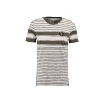 Garcia, Tricou in dungi cu aplicatie logo, Gri deschis/Alb/Verde oliv, S