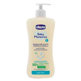 Gel de dus si sampon 2 in 1 fara lacrimi Chicco Baby Moments, 500 ml, 0 luni+