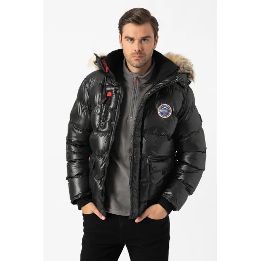 Geographical Norway, Geaca cu garnitura din blana sintetica Bugs, Negru, 2XL
