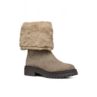 Geox, Cizme mid-calf de piele cu garnituri de blana sintetica, Maro taupe, 40