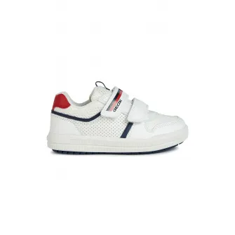 Geox, Pantofi sport de piele ecologica cu detalii perforate, Alb, Albastru marin, 30 EU