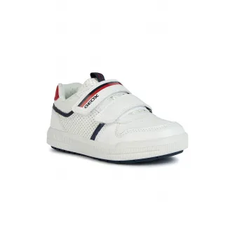 Geox, Pantofi sport de piele ecologica cu detalii perforate, Alb, Albastru marin, 30 EU